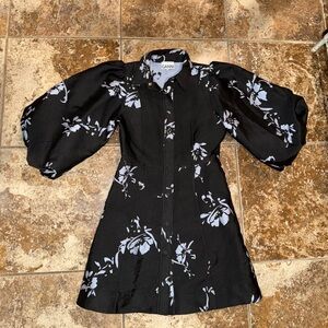 Ganni Black and White Floral Long Sleeve Dress